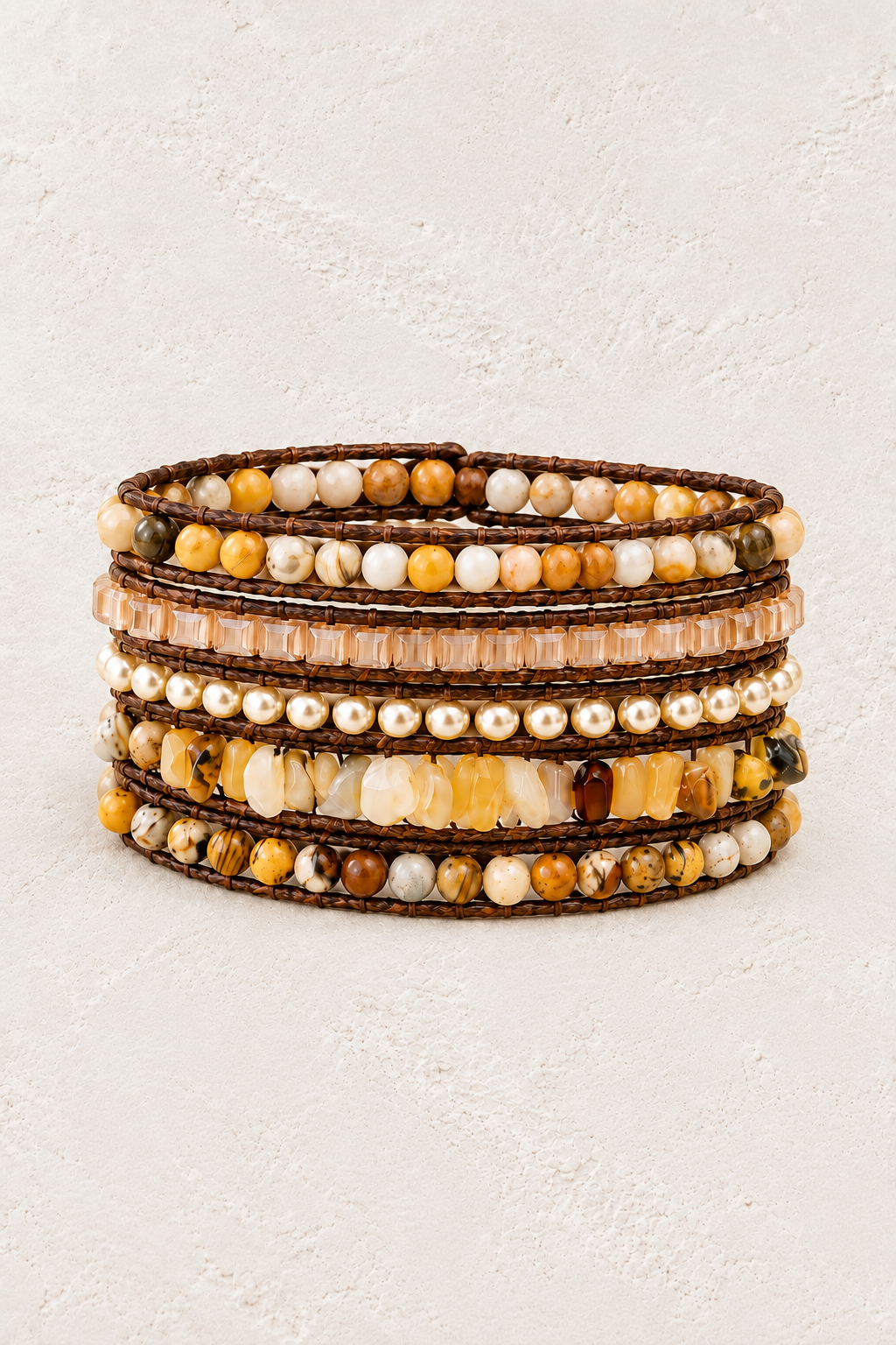 Handmade Yellow Jasper Mixed Natural Stone 5 Wrap Bracelet on the Boho & Mala warm-white textured background