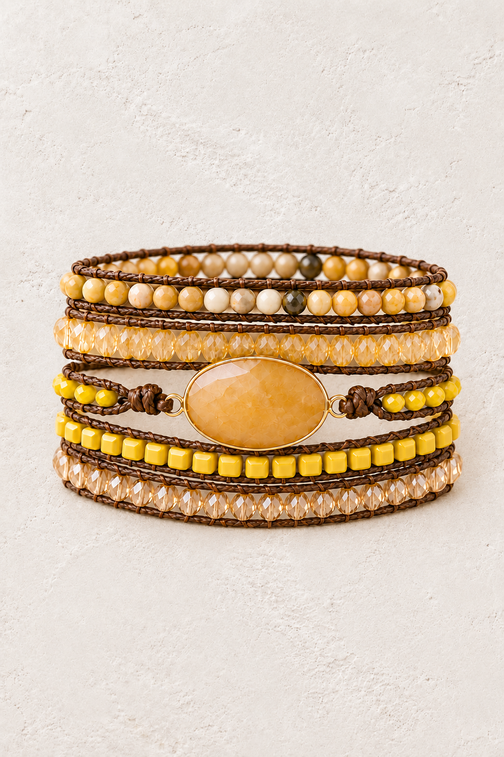 Handmade Yellow Jade Mixed Natural Stone Wrap Bracelet on the Boho & Mala warm-white textured background