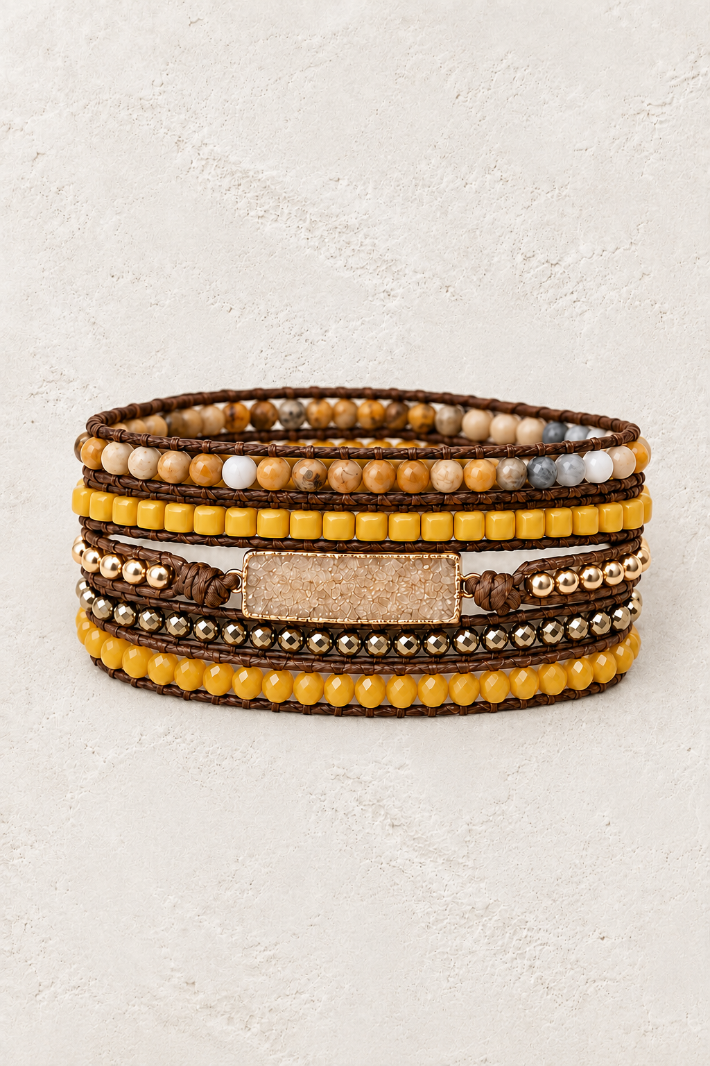 Handmade Golden Druzy Mixed Natural Stone Wrap Bracelet on the Boho & Mala warm-white textured background