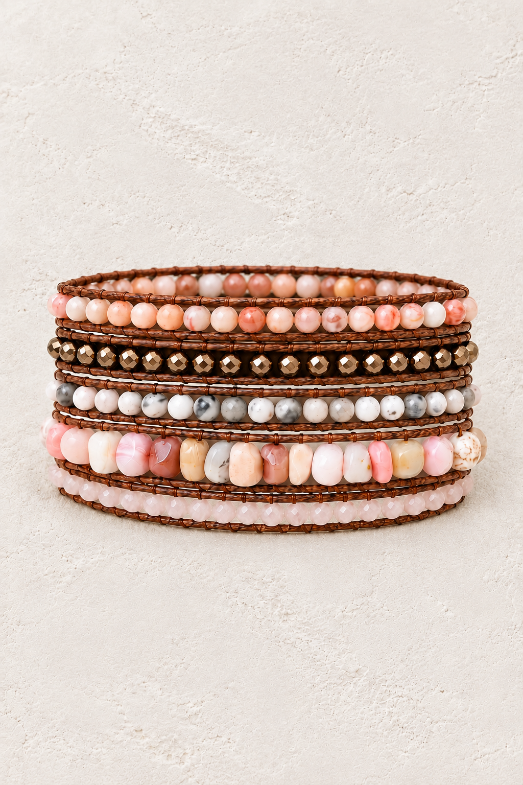 Handmade Blush Mixed Natural Stone 5 Wrap Bracelet on the Boho & Mala warm-white textured background