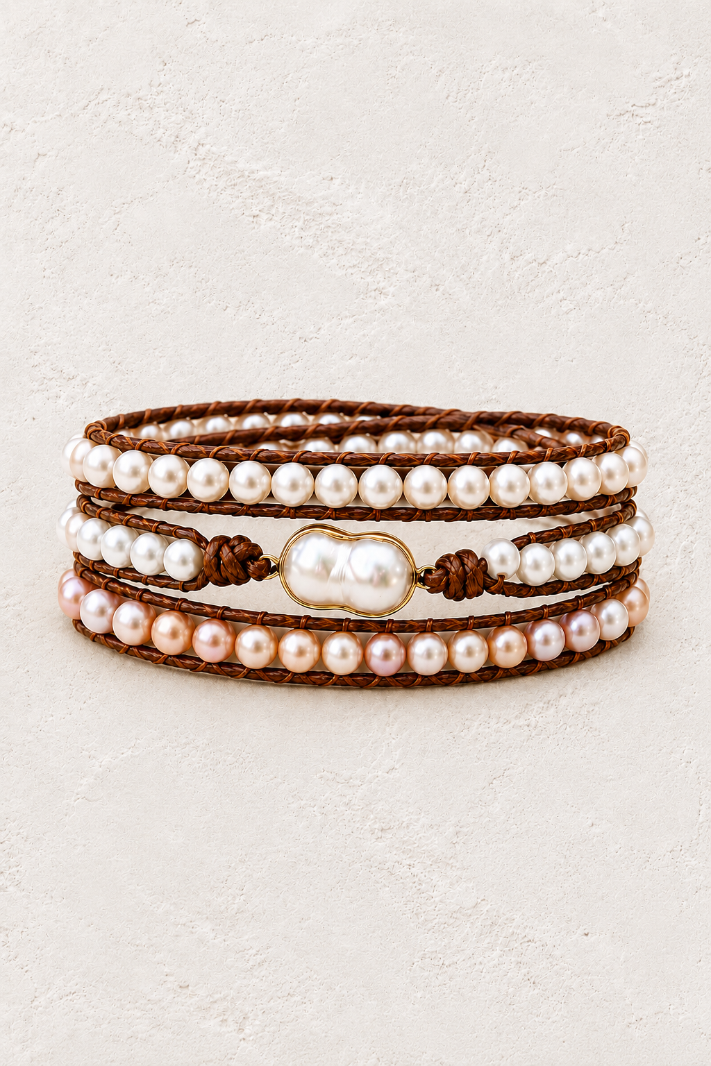Handmade Fresh Water Pearl Mixed Natural Stone Wrap Bracelet on the Boho & Mala warm-white textured background