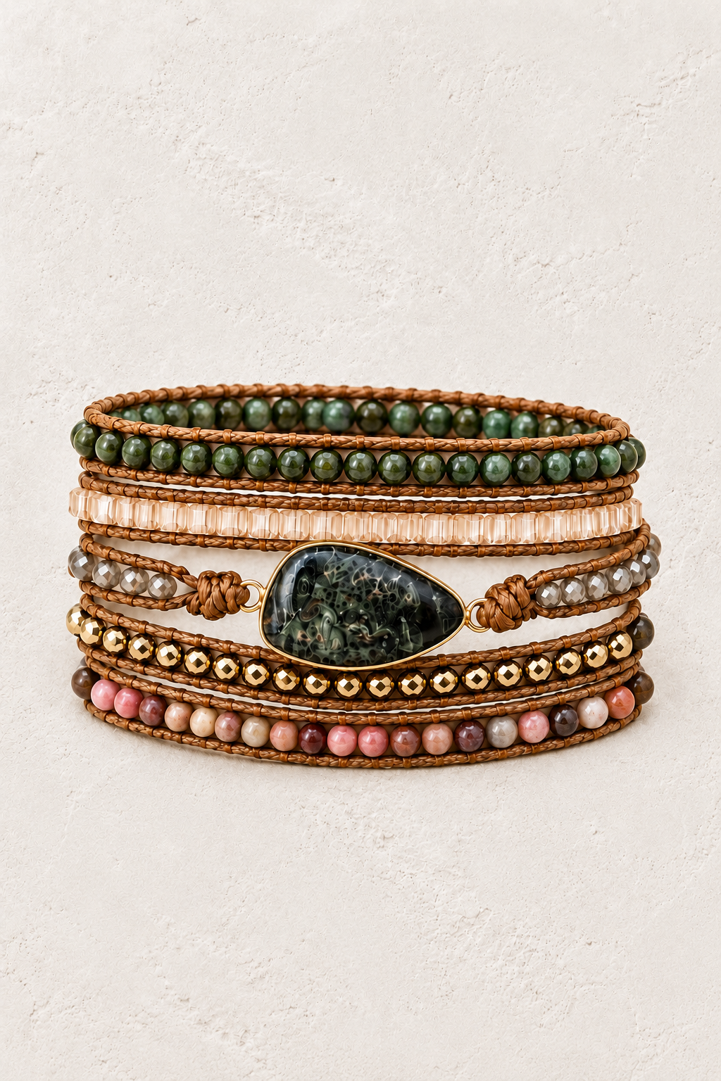 Handmade Kambaba Jasper Mixed Natural Stone Wrap Bracelet on the Boho & Mala warm-white textured background