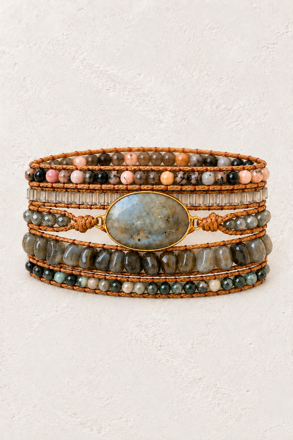 Handmade Moss Agate Mixed Natural Stone Wrap Bracelet on the Boho & Mala warm-white textured background