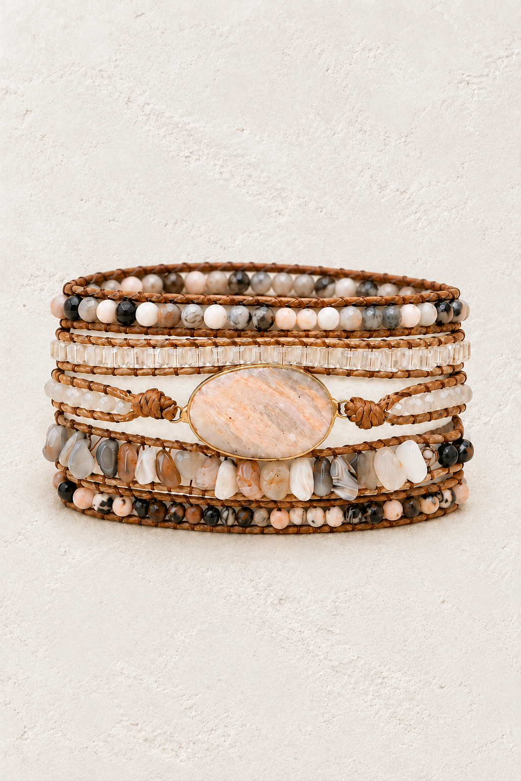 Handmade Blush Agate Mixed Natural Stone Wrap Bracelet on the Boho & Mala warm-white textured background