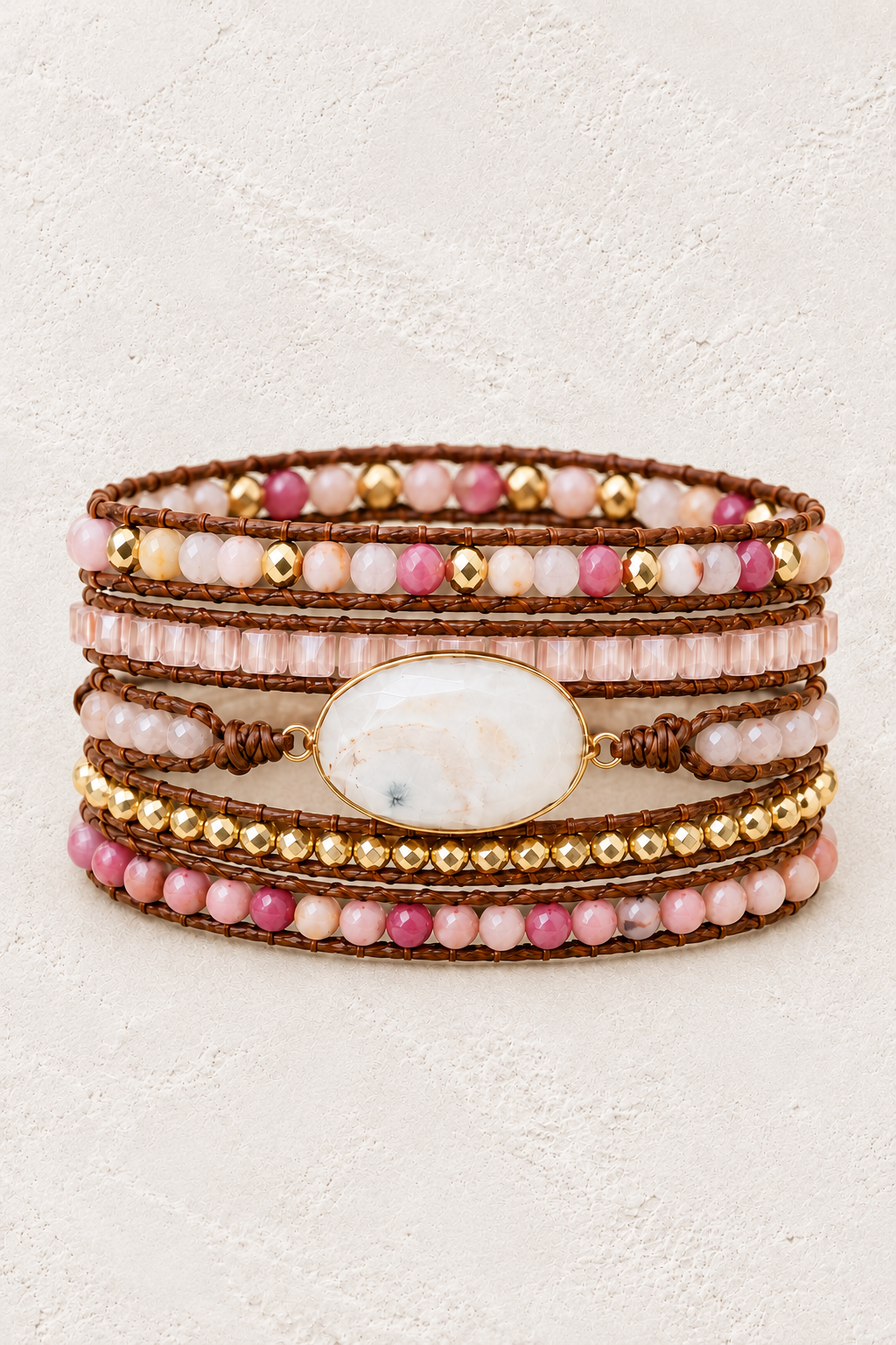 Handmade White Agate Mixed Natural Stone Wrap Bracelet on the Boho & Mala warm-white textured background
