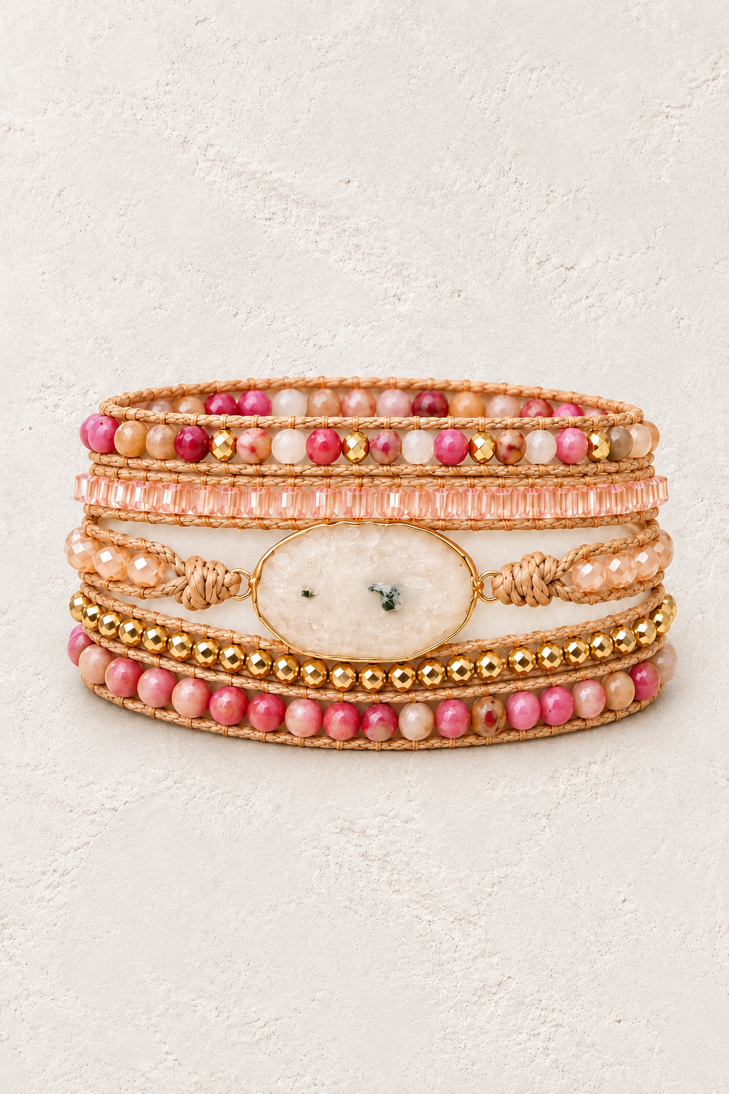 Handmade White Agate & Rhodonite Mixed Natural Stone Wrap Bracelet on the Boho & Mala warm-white textured background