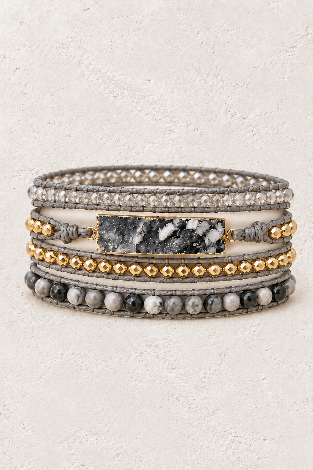 Handmade Grey Druzy Mixed Natural Stone Wrap Bracelet on the Boho & Mala warm-white textured background