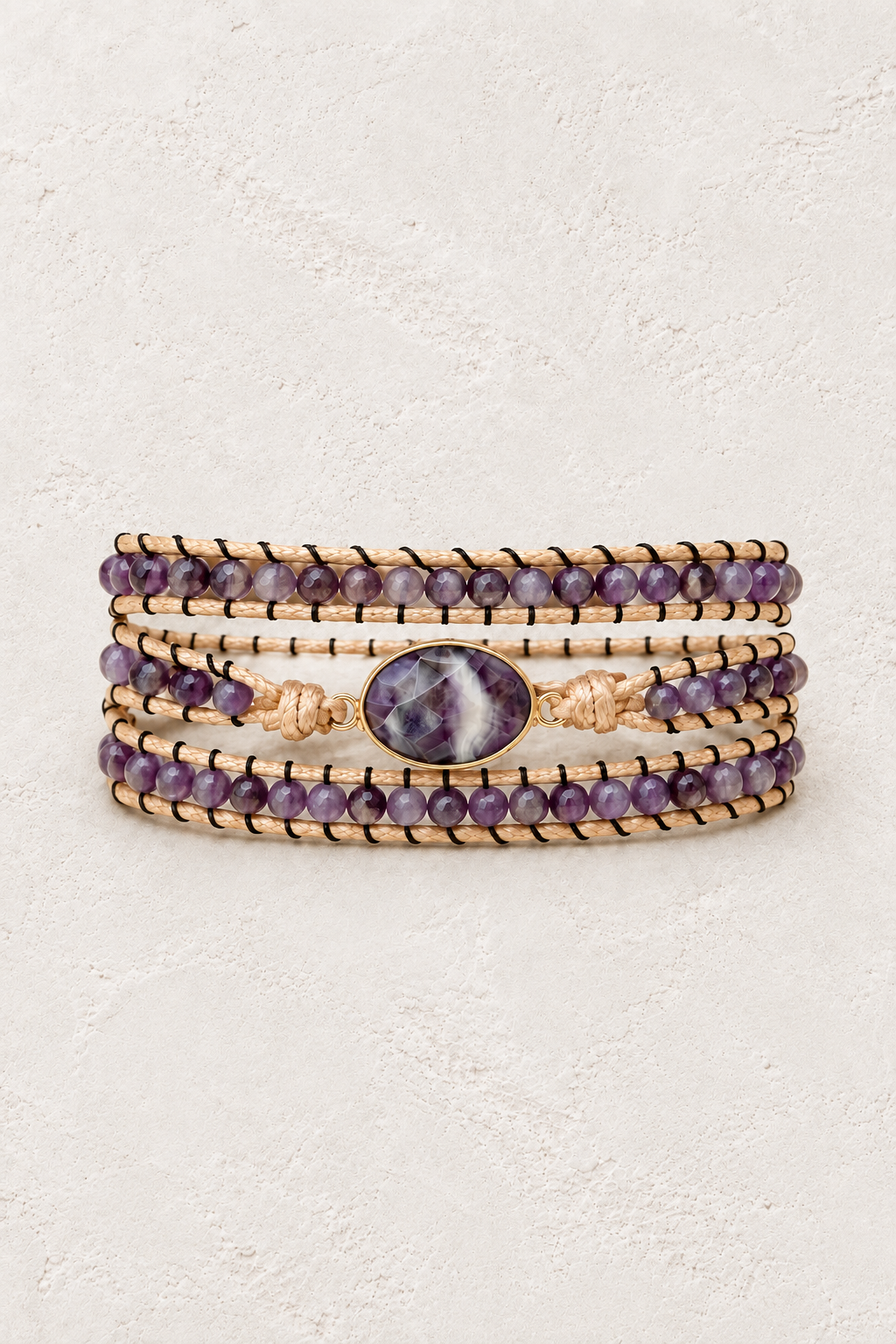 Handmade Amethyst Mixed Natural Stone Wrap Bracelet on the Boho & Mala warm-white textured background