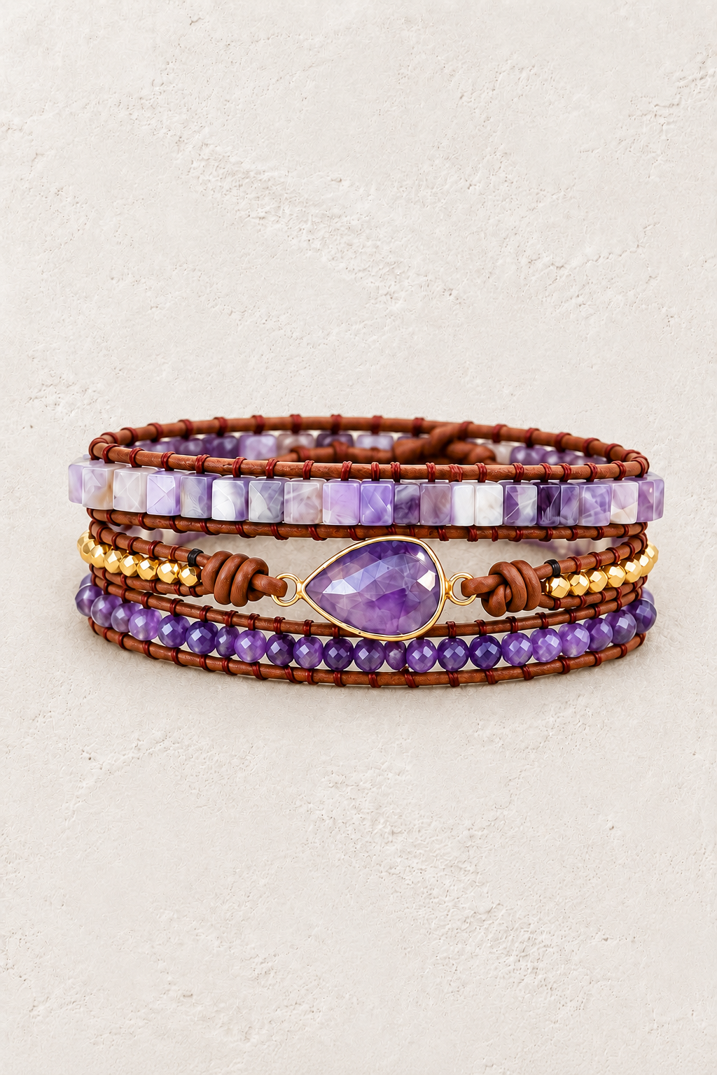 Handmade Amethyst 2 Mixed Natural Stone Wrap Bracelet on the Boho & Mala warm-white textured background
