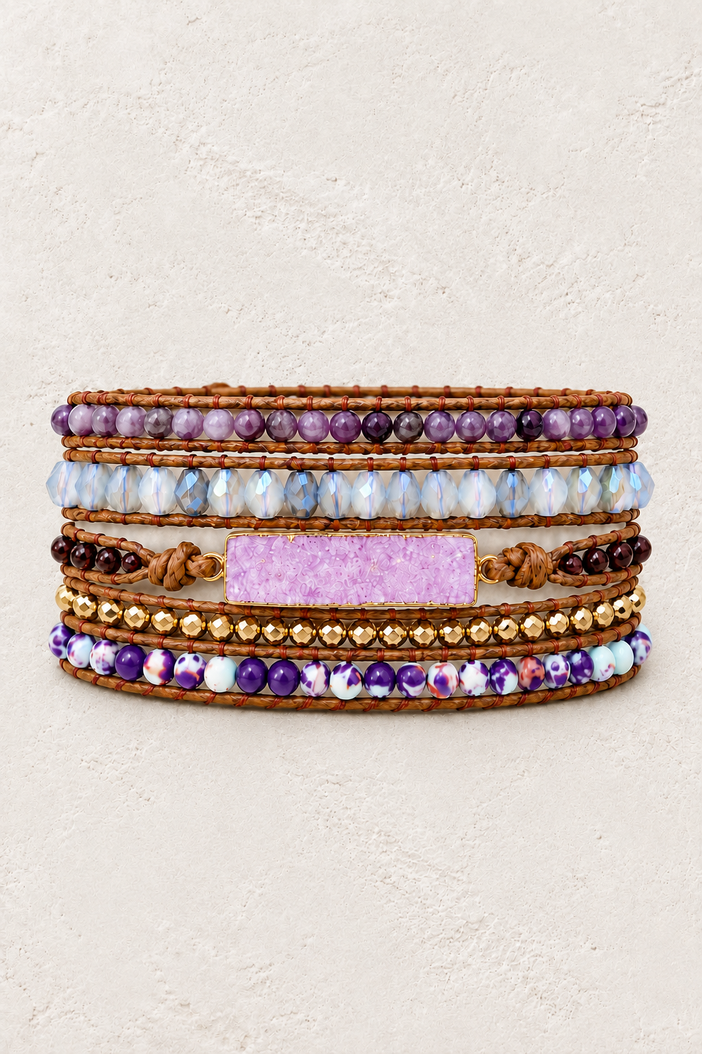 Handmade Pink Druzy Mixed Natural Stone Wrap Bracelet on the Boho & Mala warm-white textured background