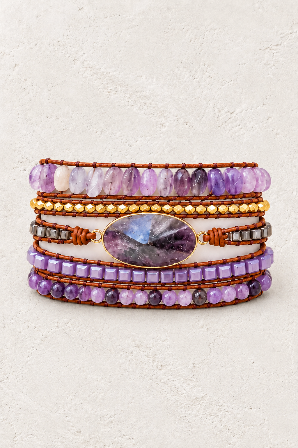 Handmade Fluorite & Amethyst Mixed Natural Stone Wrap Bracelet on the Boho & Mala warm-white textured background