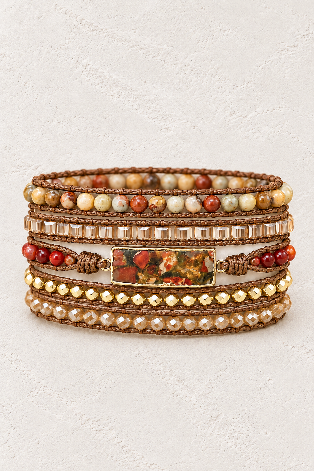 Handmade Red Creek Jasper Mixed Natural Stone Wrap Bracelet on the Boho & Mala warm-white textured background
