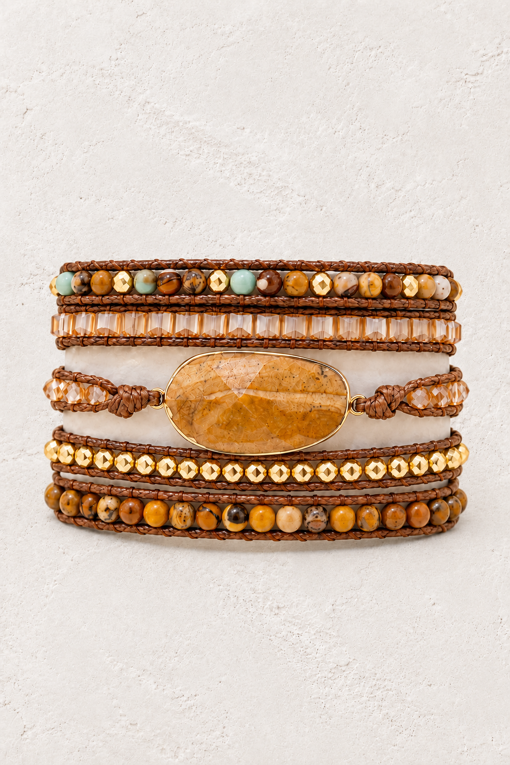 Handmade Picture Jasper Mixed Natural Stone Wrap Bracelet on the Boho & Mala warm-white textured background