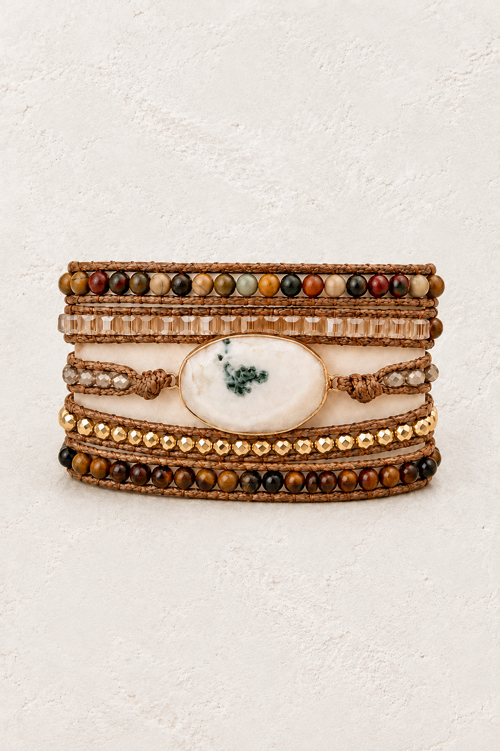 Handmade Tree Agate Mixed Natural Stone Wrap Bracelet on the Boho & Mala warm-white textured background