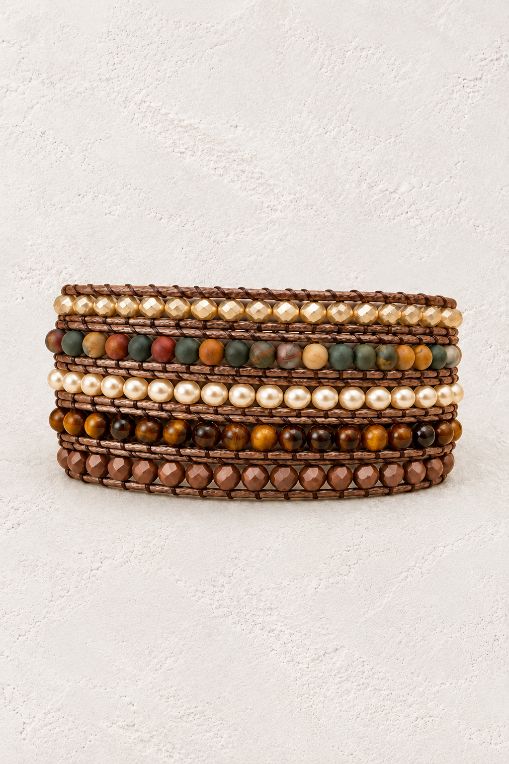 Handmade White Druzy Agate Mixed Natural Stone Wrap Bracelet on the Boho & Mala warm-white textured background