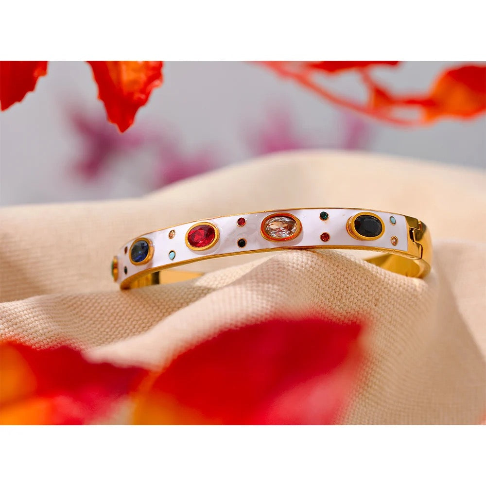 
                  
                    White Enamel Diamanté Gold Bracelet | Waterproof & Tarnish-Free – Boho & Mala jewellery
                  
                