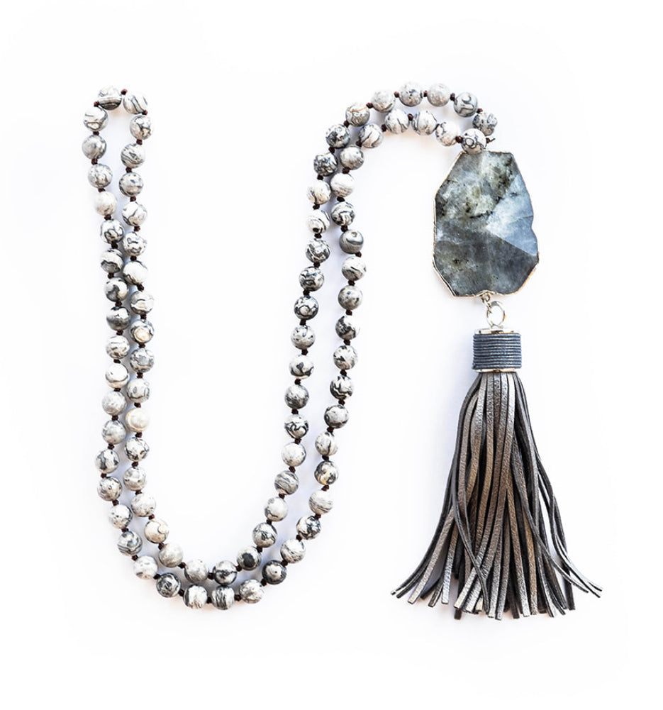 
                  
                    Boho & Mala Natural Tribal Round Map & Labradorite Stone Tassel Necklace TN10032
                  
                