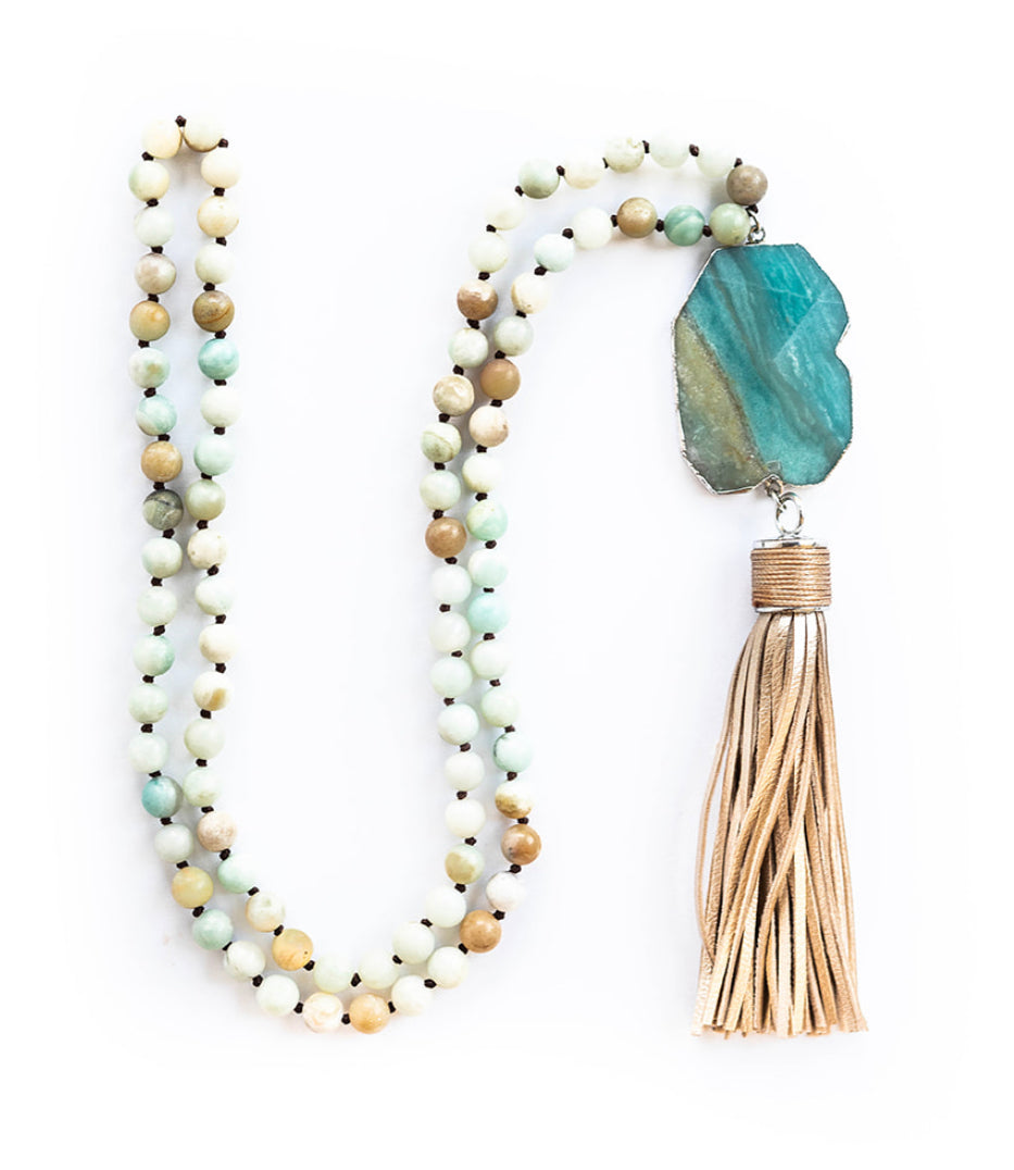 
                  
                    Boho & Mala Natural Tribal Round Blue Amazonite Stone Tassel Necklace TN10025
                  
                