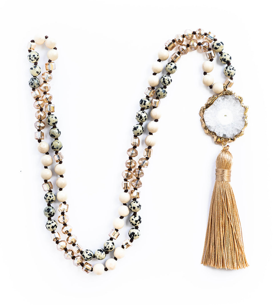 
                  
                    Boho & Mala Tribal Solar Quartz Agate Slice Tassel Necklace TN10080
                  
                