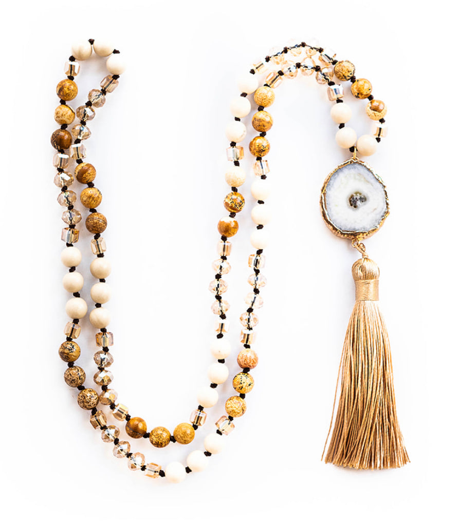 
                  
                    Boho & Mala Tribal Solar Quartz Agate Slice Tassel Necklace TN10081
                  
                